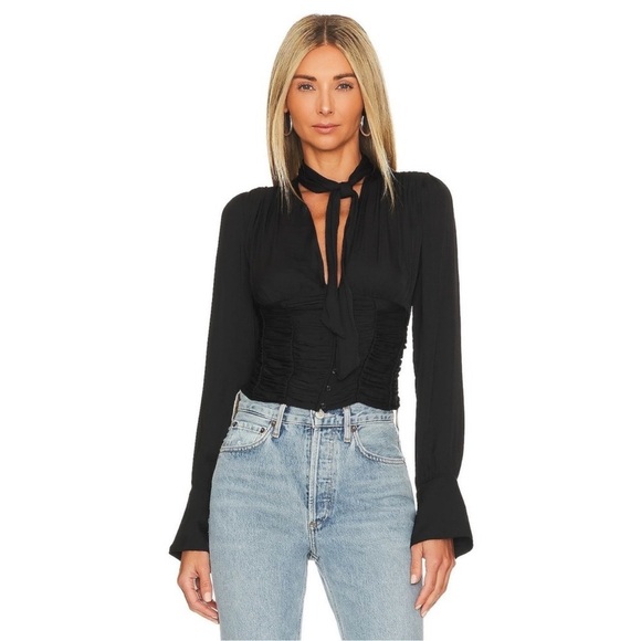 NWT Free People Meet Me There Tie Neck Button Front Blouse Top in Black size S - Picture 15 of 16